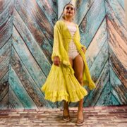 Cara – Chartreuse Ruffled Cotton Duster Kimono: Boho Beach Cover-Up by ZinniaPearl - Image 4
