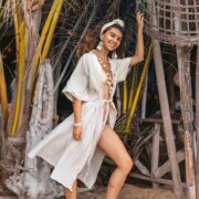 Boho White Cotton Duster Kimono – Luna Raw Cotton Grecian Beach Cover-Up