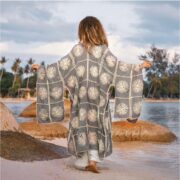 Flora Handmade Crochet Embroidered Cotton Kimono Duster – Gray Floral Abaya | ZinniaPearl - Image 3