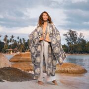 Flora Handmade Crochet Embroidered Cotton Kimono Duster – Gray Floral Abaya | ZinniaPearl