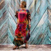 Ema by ZinniaPearl – Hand-Dyed Tie-Dye Cotton Kaftan: Ruffle Trim Boho Maxi Dress - Image 4