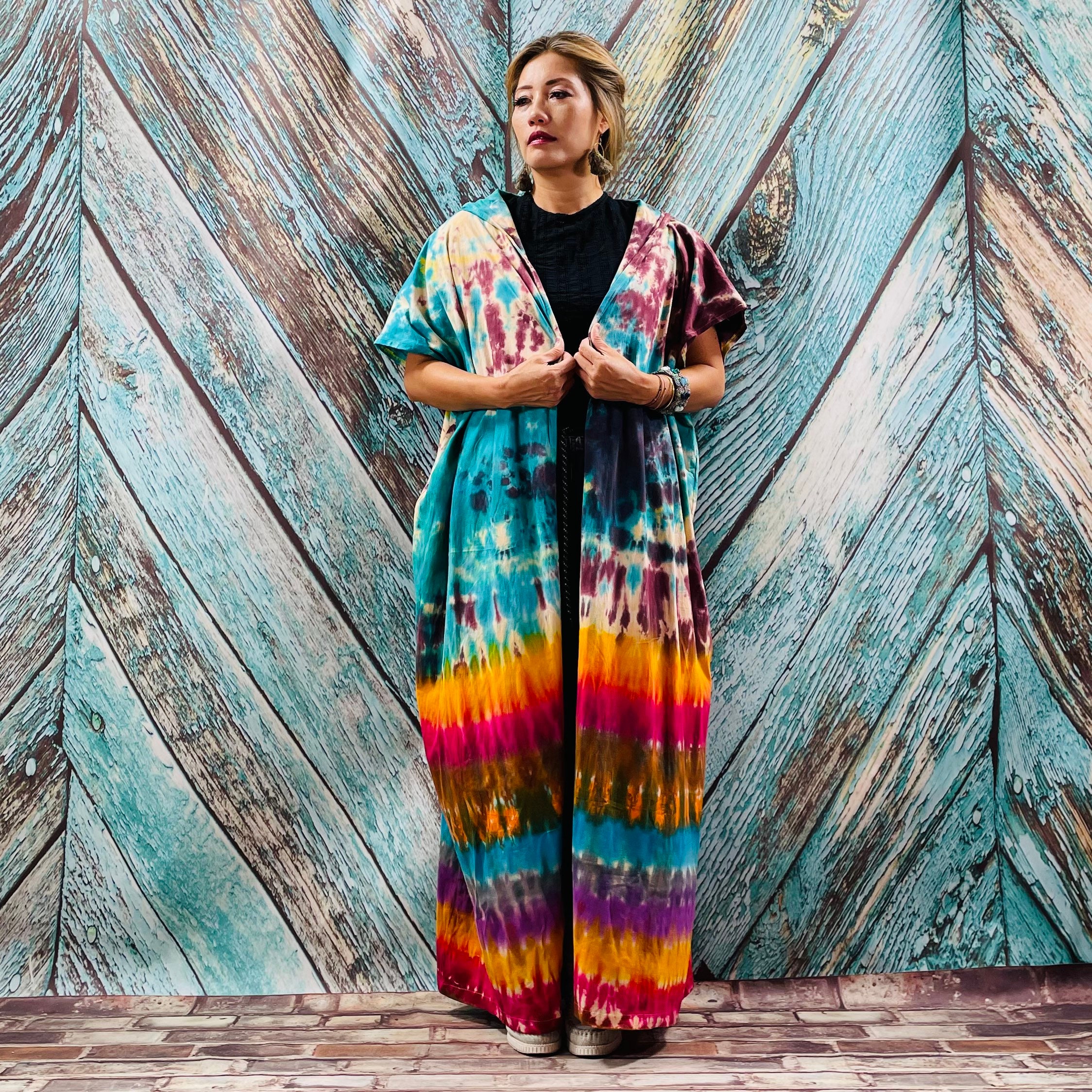 il_fullxfull.3354215964_jbcb.jpg Kayla Hand Tie-Dye Cotton Maxi Hoodie Duster – Festival Beach Kimono | ZinniaPearl - Image 1