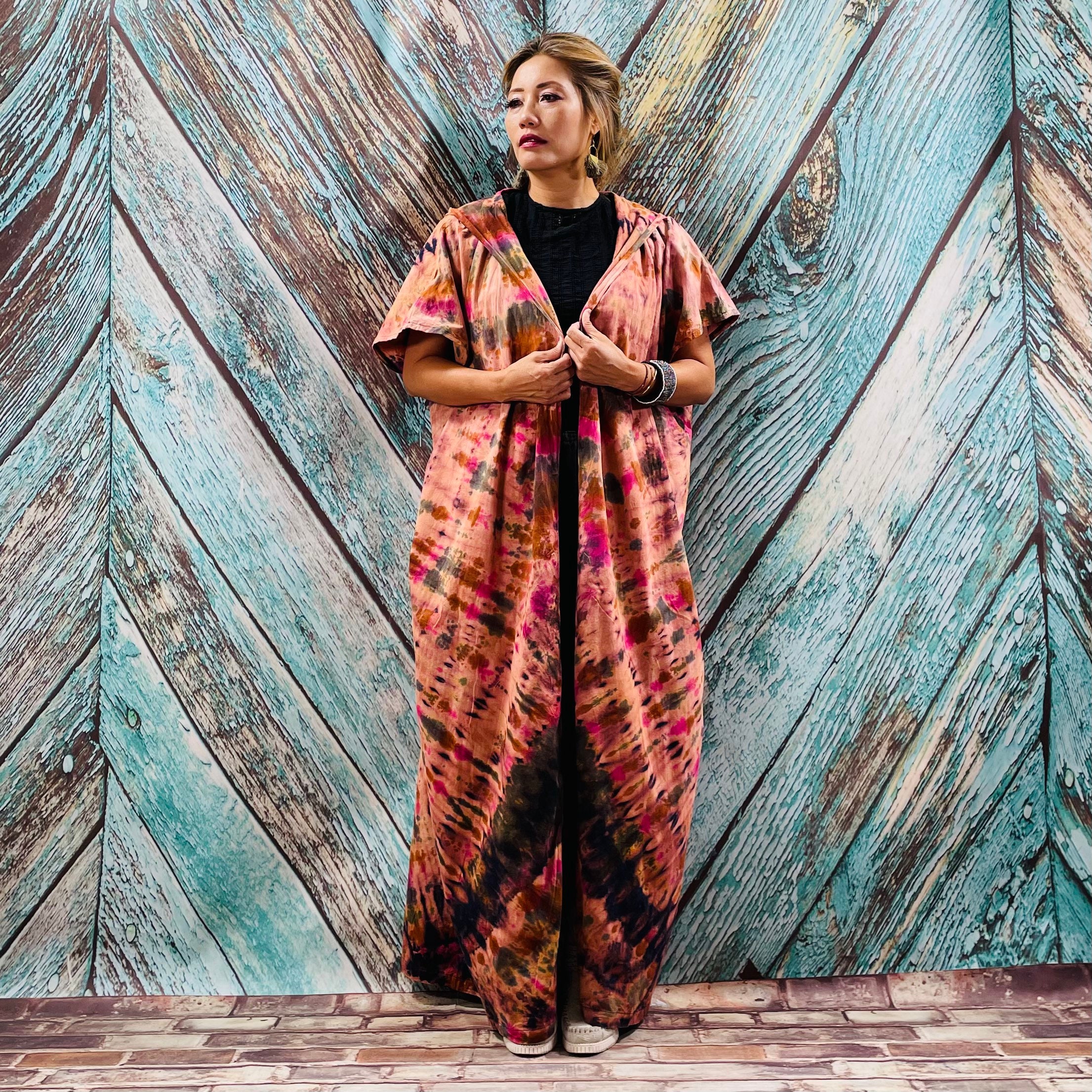 il_fullxfull.3355038080_s5gs.jpg Kayla Hand Tie-Dye Cotton Maxi Hoodie Duster – Festival Beach Kimono | ZinniaPearl - Image 1