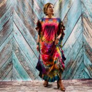 Ema by ZinniaPearl – Hand-Dyed Tie-Dye Cotton Kaftan: Ruffle Trim Boho Maxi Dress - Image 2