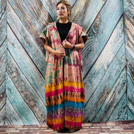 Kayla Hand Tie-Dye Cotton Maxi Hoodie Duster – Festival Beach Kimono | ZinniaPearl