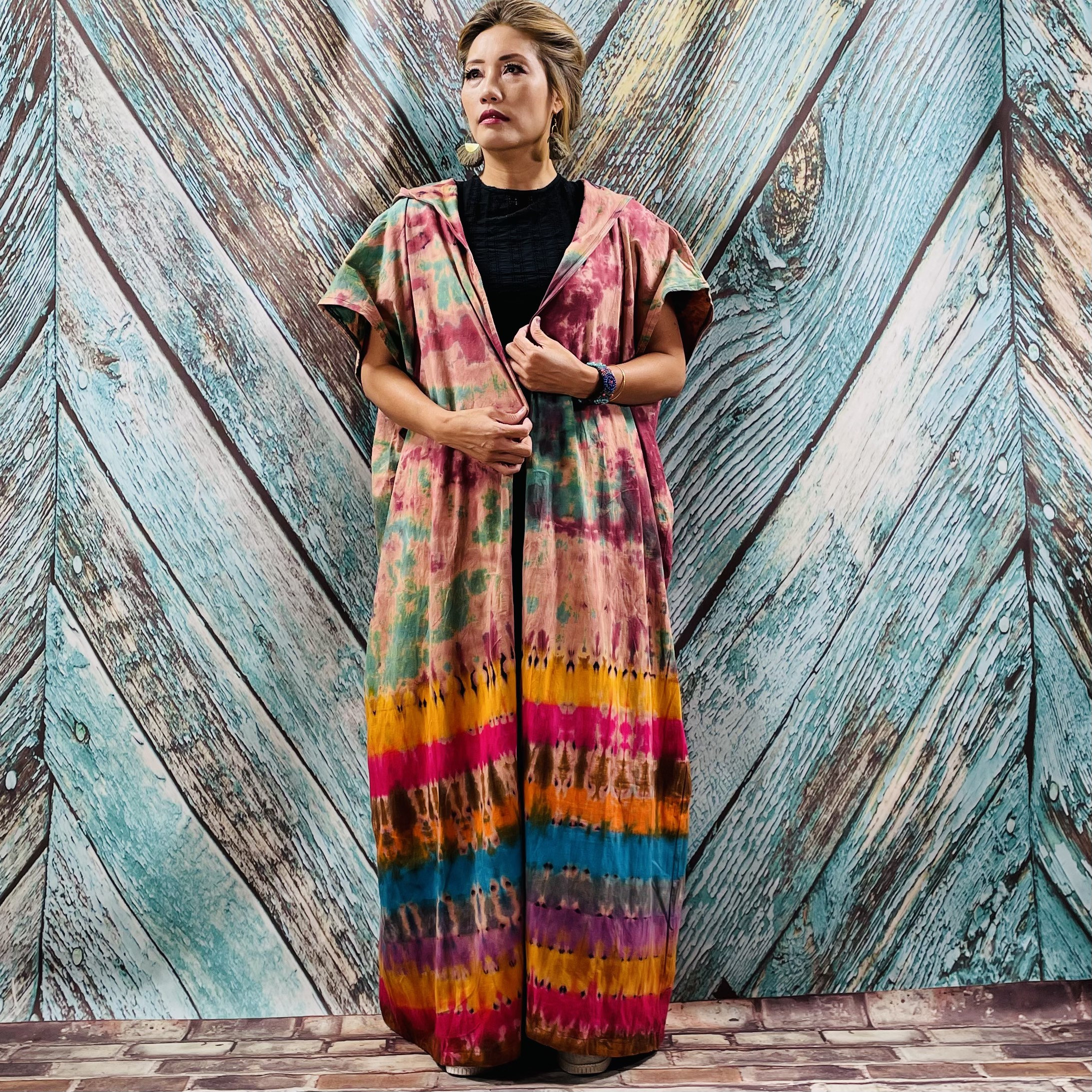 il_fullxfull.3402886997_hzb3.jpg Kayla Hand Tie-Dye Cotton Maxi Hoodie Duster – Festival Beach Kimono | ZinniaPearl - Image 1