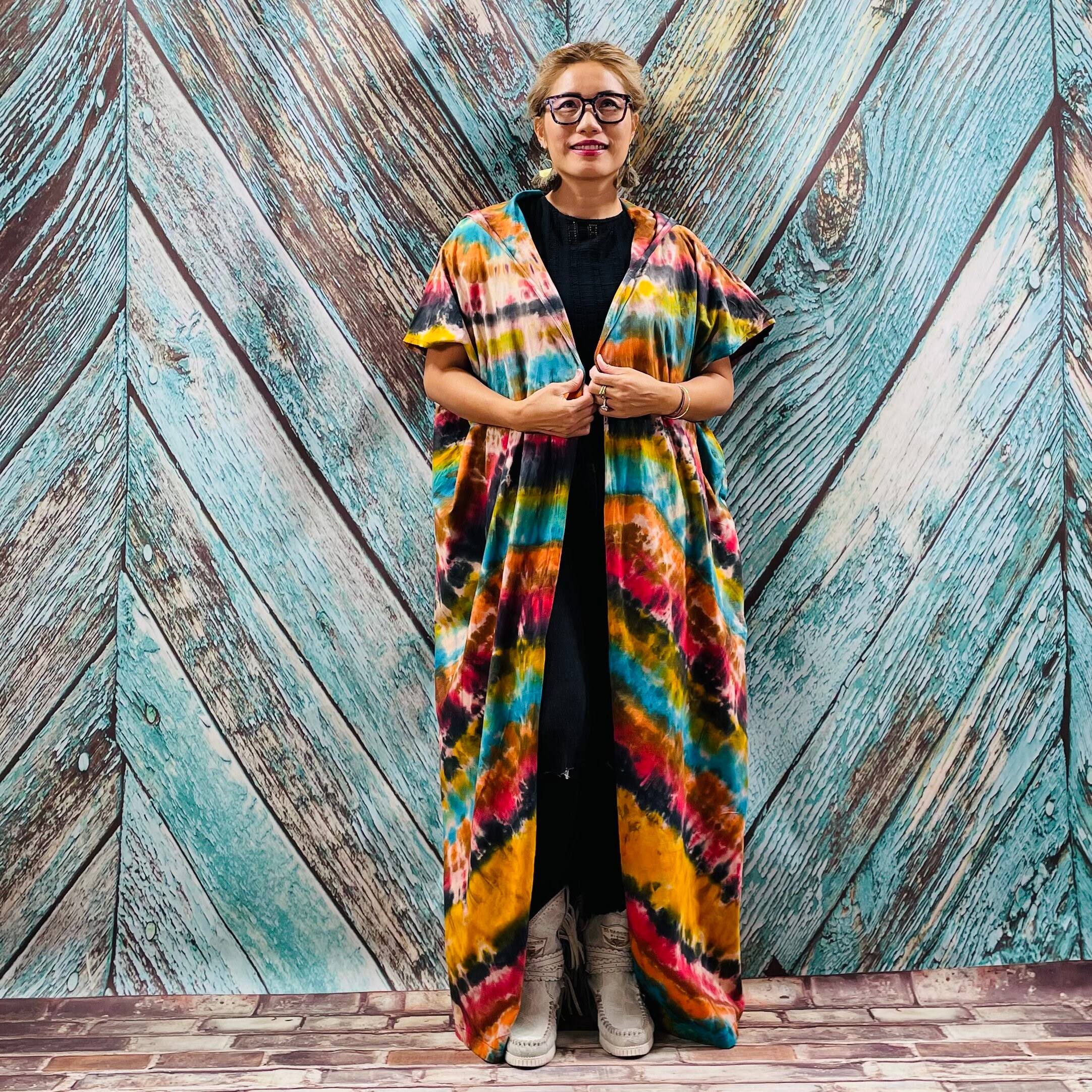 il_fullxfull.3450239787_nvvm.jpg Kayla Hand Tie-Dye Cotton Maxi Hoodie Duster – Festival Beach Kimono | ZinniaPearl - Image 1