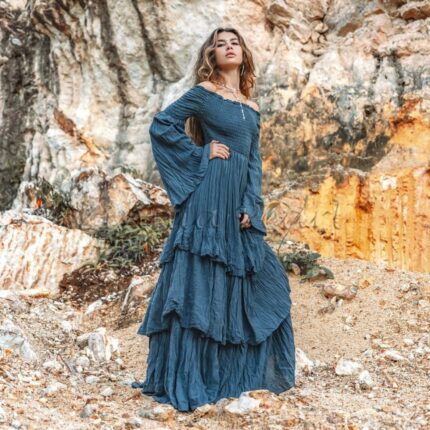 Lucia Off-Shoulder Boho Wedding Dress in Moonshadow Blue – Cotton Maxi Gown for Festival Brides | Handmade Bridal Dress in Plus & Reg Size