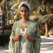 Handmade Crochet Embroidered Kimono Duster – Sage Green Flora Maxi - Image 5