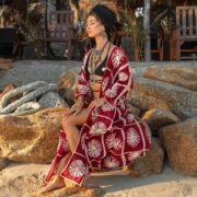 Handmade Floral Embroidered Crochet Cotton Kimono Duster | Flora Red Wine - Image 4