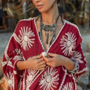 Handmade Floral Embroidered Crochet Cotton Kimono Duster | Flora Red Wine - Image 5
