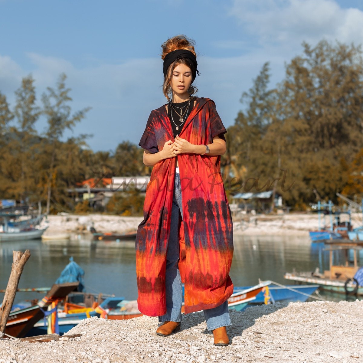 il_fullxfull.4031238049_qn4x.jpg Hand Tie-Dye Cotton Maxi Hoodie Duster – Festival Beach Kimono | Kayla - Image 1