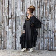 Wild Heart Viscose Kaftan Dress – Ruffle Trim Boho Maxi Gown, Black - Image 2