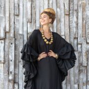 Wild Heart Viscose Kaftan Dress – Ruffle Trim Boho Maxi Gown, Black - Image 4