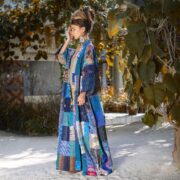 Silk Quilted Patchwork Kimono – Handcrafted Maxi Bohemian Coat | Akari Cobalt Dream - Image 2