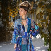 Silk Quilted Patchwork Kimono – Handcrafted Maxi Bohemian Coat | Akari Cobalt Dream - Image 4