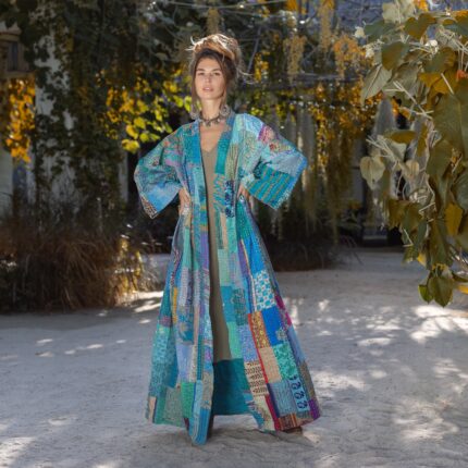 Hand-Quilted Silk Patchwork Kimono – Bohemian Maxi Coat | Akari Ocean Pearl
