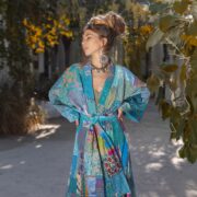 Hand-Quilted Silk Patchwork Kimono – Bohemian Maxi Coat | Akari Ocean Pearl - Image 4