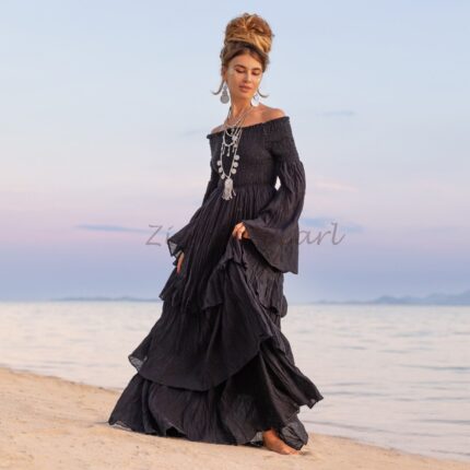 Off-Shoulder Cotton Maxi Dress – Bohemian Tiered Festival Gown | Lucia Raven Black