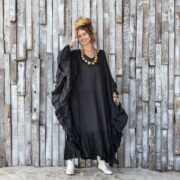 Wild Heart Viscose Kaftan Dress – Ruffle Trim Boho Maxi Gown, Black