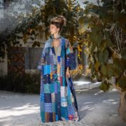 Silk Quilted Patchwork Kimono – Handcrafted Maxi Bohemian Coat | Akari Cobalt Dream