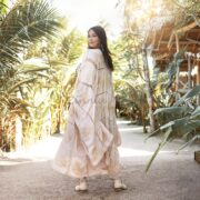 Handmade Crochet Embroidered Cotton Kimono Duster: Light Pink Maxi Abaya - Flora - Image 3