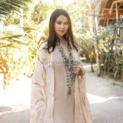 Handmade Crochet Embroidered Cotton Kimono Duster: Light Pink Maxi Abaya - Flora - Image 5