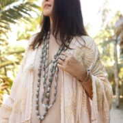 Handmade Crochet Embroidered Cotton Kimono Duster: Light Pink Maxi Abaya - Flora - Image 6