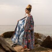 Plus Size Velvet Kimono Duster: Dusky Floral, Handmade Cotton Robe - Mai - Image 2