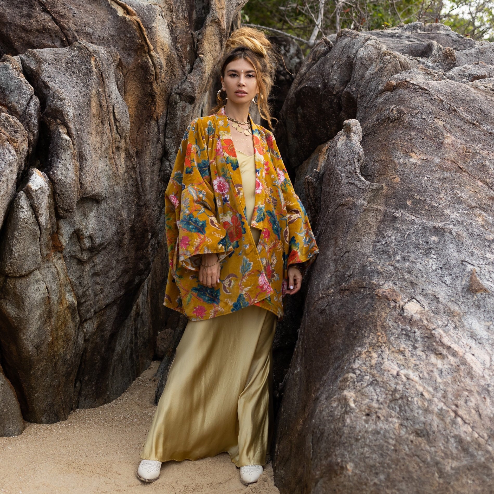il_fullxfull.4687011195_59sa.jpg Plus Size Velvet Kimono Jacket – Handmade Boho Chic Golden Foliage Coat for Winter, Weddings & Special Occasions | Mei by ZinniaPearl - Image 1