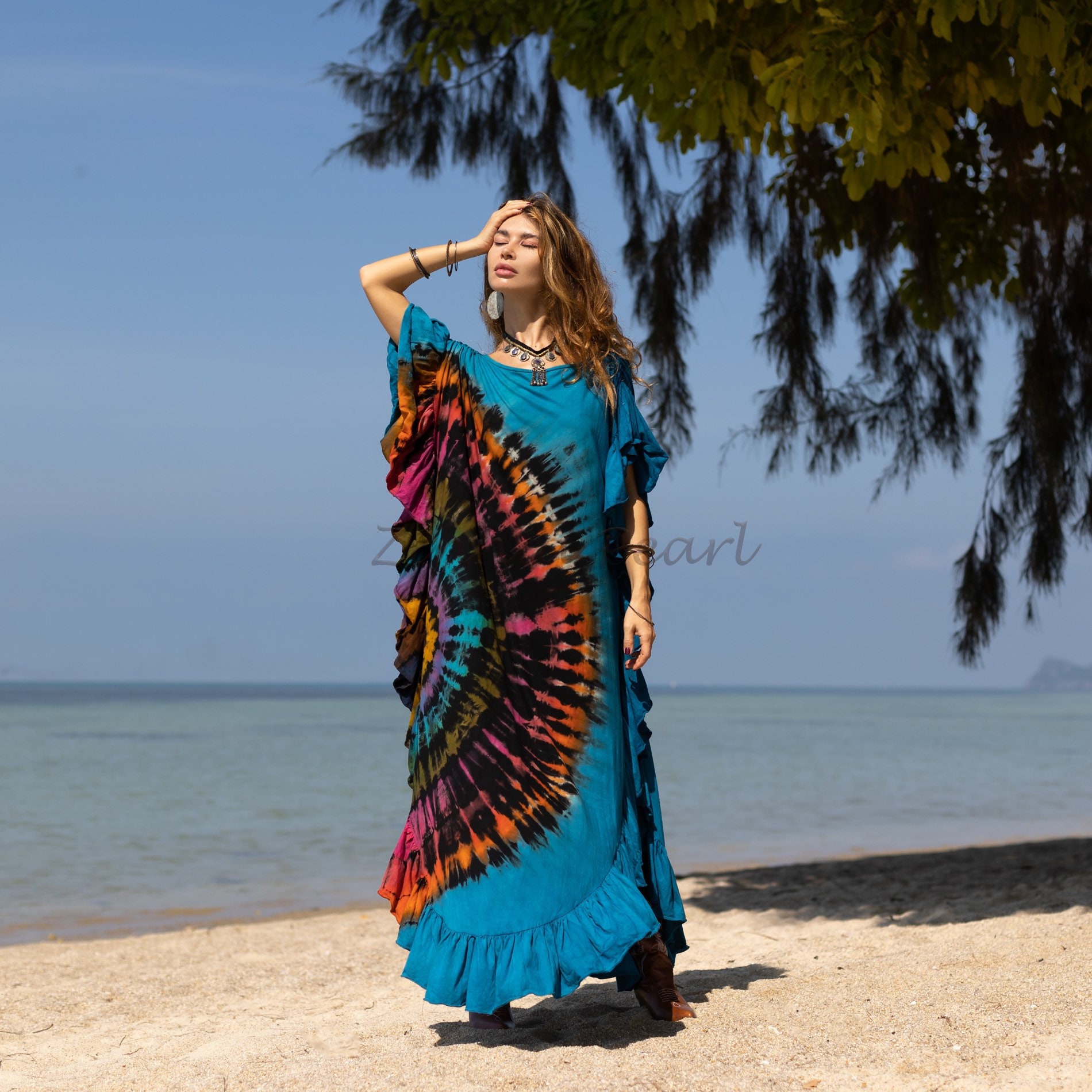 il_fullxfull.4819660727_mqp2.jpg Hand Tie Dye Maxi Kaftan Dress: Jersey Cotton Boho Festival Gown - Ema - Image 1