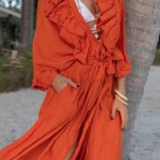 Boho Ruffled Maxi Duster Kimono: Raw Cotton Beach Cover-Up - Avalon - Image 6