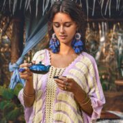 Handmade Cotton Kaftan Maxi Dress: Embroidered Crochet Tunic Top - Oceano - Image 5