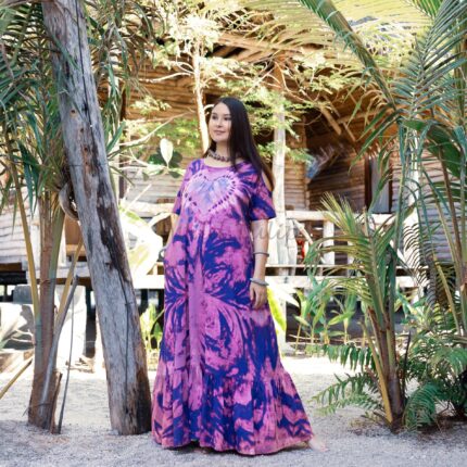 Handmade Tie-Dye Cotton Maxi Dress: Boho Resort Ruffle Hem - Bailey