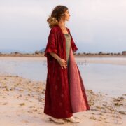 Embroidered Velvet Kimono Duster Coat: Handmade Maxi Length Lace Trim - Misty - Image 2