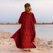 Embroidered Velvet Kimono Duster Coat: Handmade Maxi Length Lace Trim - Misty - Image 3