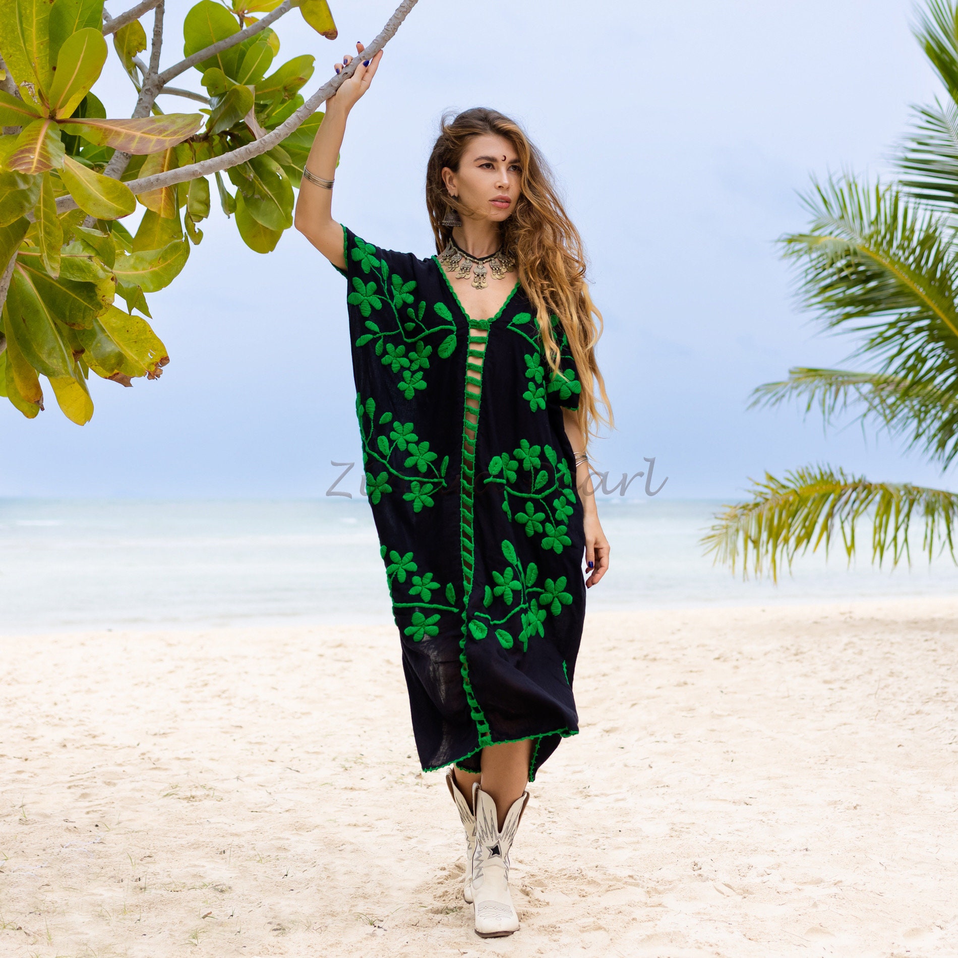 il_fullxfull.5019869780_5z40.jpg Hand Embroidered Cotton Kaftan Dress: Crochet Tunic Top, Beach Cover-Up - Ciana - Image 1