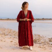 Embroidered Velvet Kimono Duster Coat: Handmade Maxi Length Lace Trim - Misty