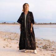 Handmade Velvet Kimono Duster Coat: Maxi Length Lace Trim - Misty