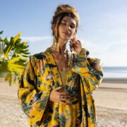 Plus Size Velvet Kimono Duster: Handmade Boho Canary Garden Coat - Mai - Image 4