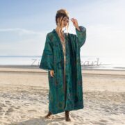 Emerald Mandala Velvet Kimono Duster: Boho Cotton Robe - Mai - Image 7