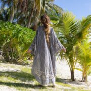 Handmade Embroidered Cotton Kimono: Maxi Duster, Flare Sleeves - Hoja - Image 3