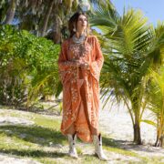 Handmade Embroidered Cotton Kimono: Maxi Duster, Flare Sleeves - Hoja
