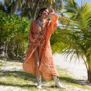 Handmade Embroidered Cotton Kimono: Maxi Duster, Flare Sleeves - Hoja - Image 4