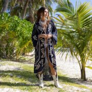 Handmade Embroidered Cotton Kimono: Maxi Duster Resort Coverup - Hoja