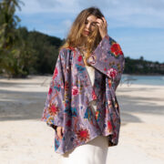 Floral Velvet Kimono Robe: Boho Chic Cotton Jacket, Handmade - Mei - Image 4
