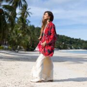 Plus Size Velvet Kimono Jacket: Crimson Floral Print Boho Chic - Mei - Image 2