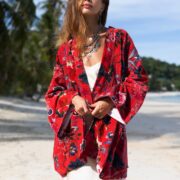 Plus Size Velvet Kimono Jacket: Crimson Floral Print Boho Chic - Mei - Image 4