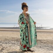 Floral Cotton Velvet Kimono: Maxi Boho Duster Coat- MAI - Image 2