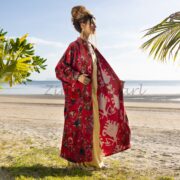 Red Floral Velvet Kimono Robe: Boho Maxi Coat - Mai - Image 2